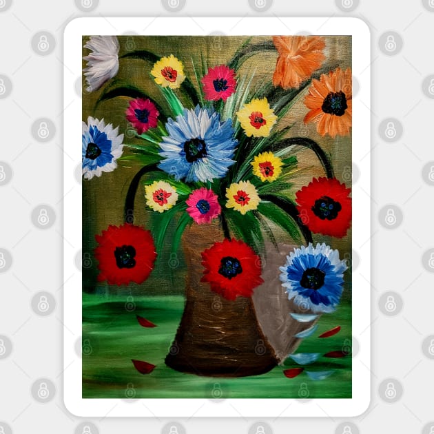 bouquet of flowers in a metallic gold and silver vase Sticker by kkartwork